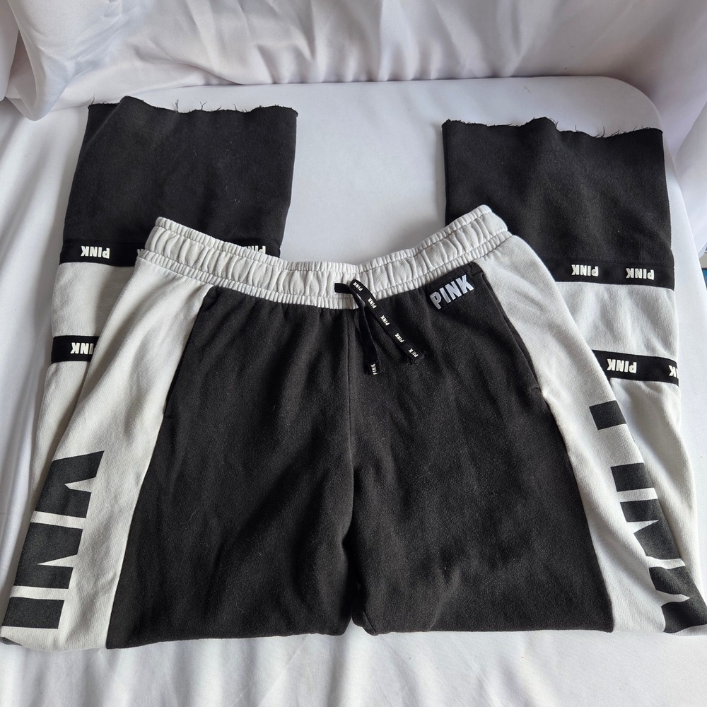 Pink Victoria's Secret Sweatpants Black White Colorblock Logo Raw Hem Medium